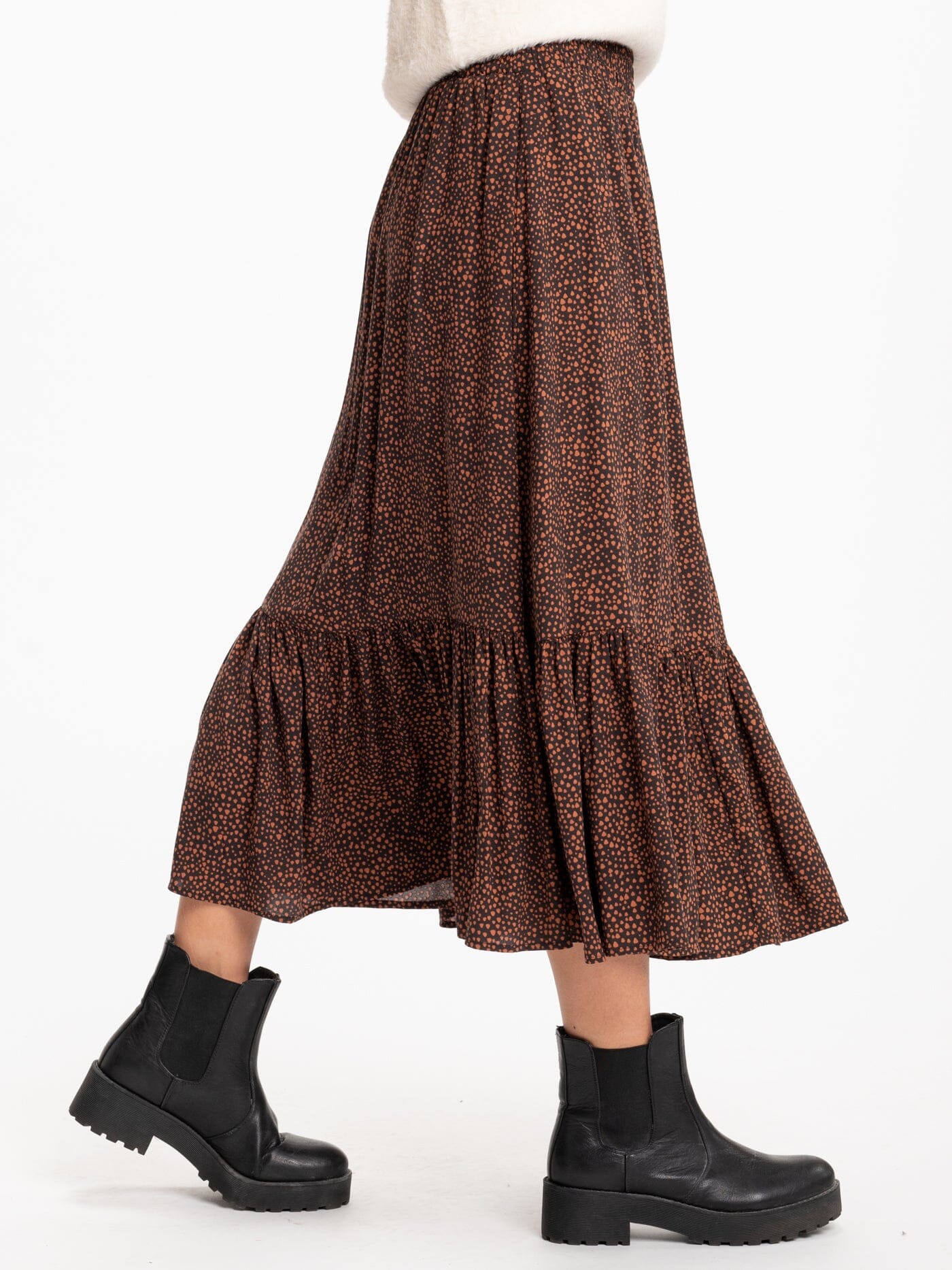 Pomona Tencel Printed Midi Skirt in Brown and Rust Bohemian