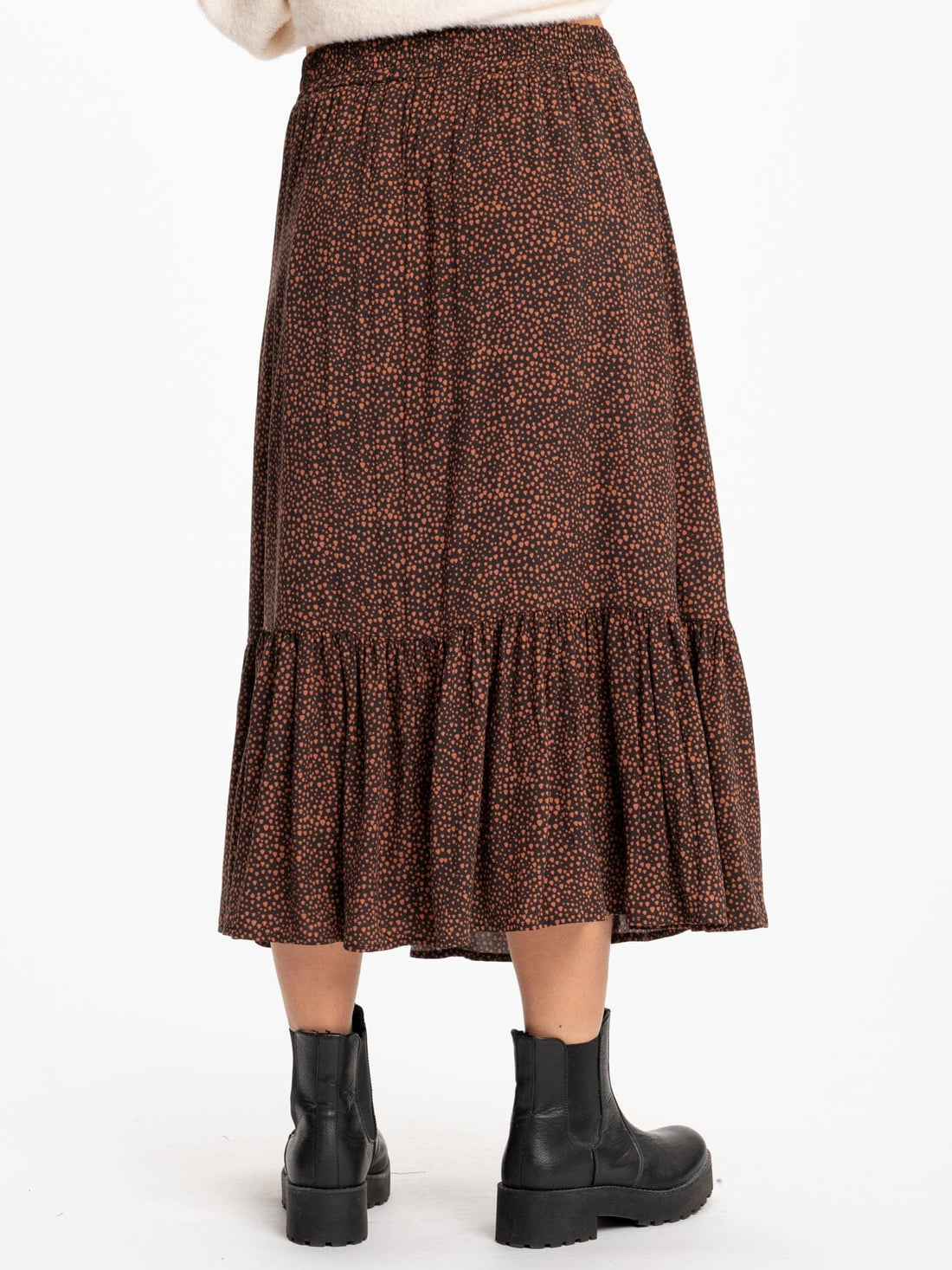Pomona Tencel Printed Midi Skirt in Brown and Rust Bohemian