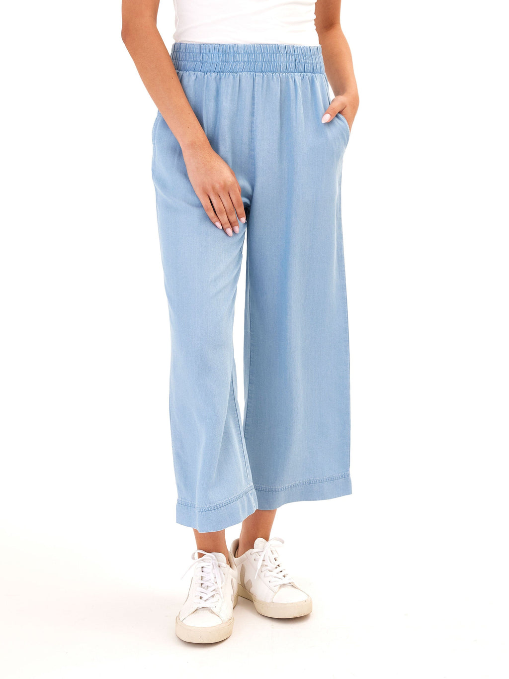 Harlowe Chambray Crop Pant with a relaxed fit and 24-inch inseam in a soft chambray wash.