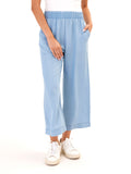 Harlowe Chambray Crop Pant with a relaxed fit and 24-inch inseam in a soft chambray wash.