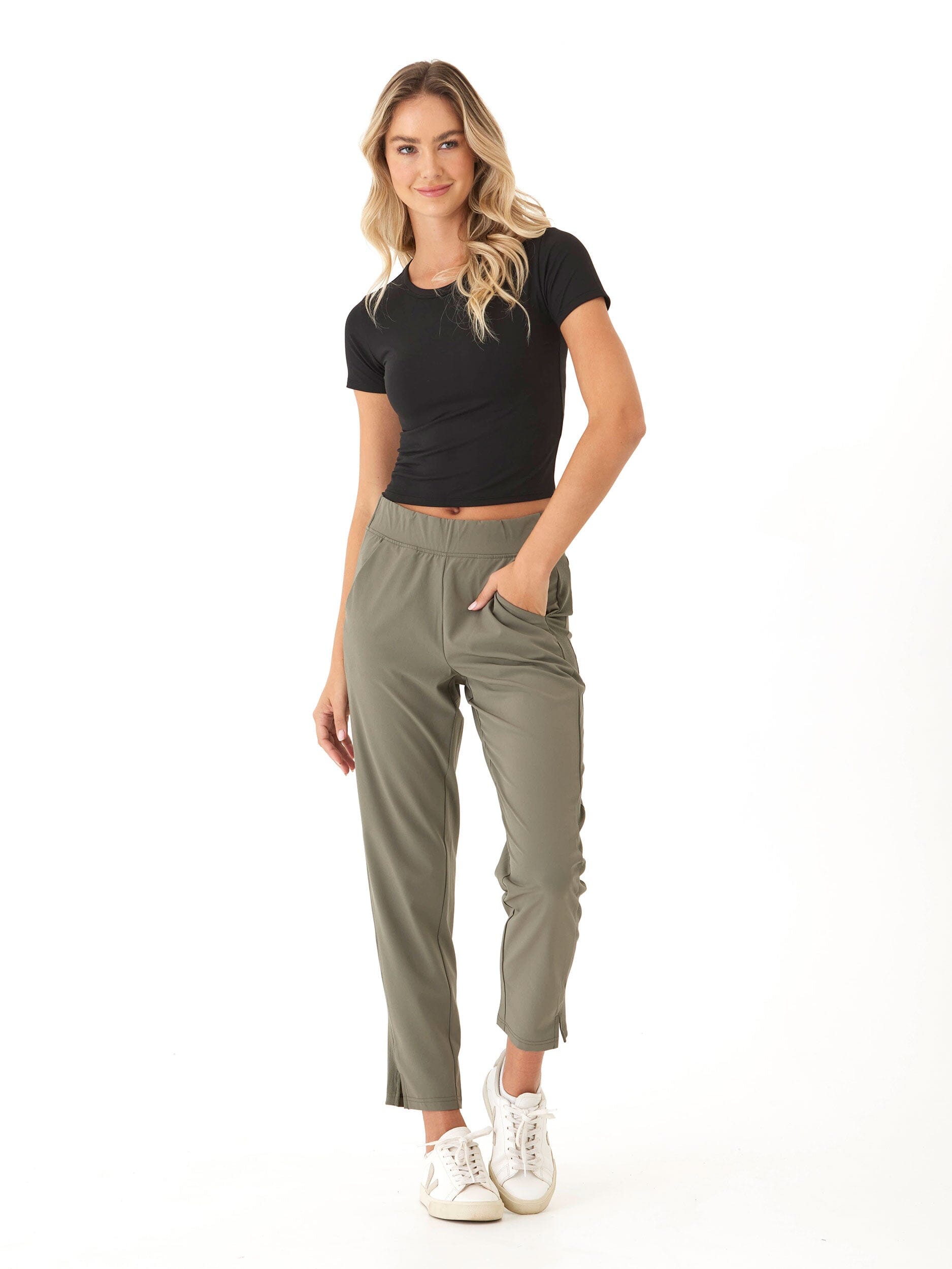 Leticia Performance Rib Mix Pant - High-Rise Ankle Tapered Olive
