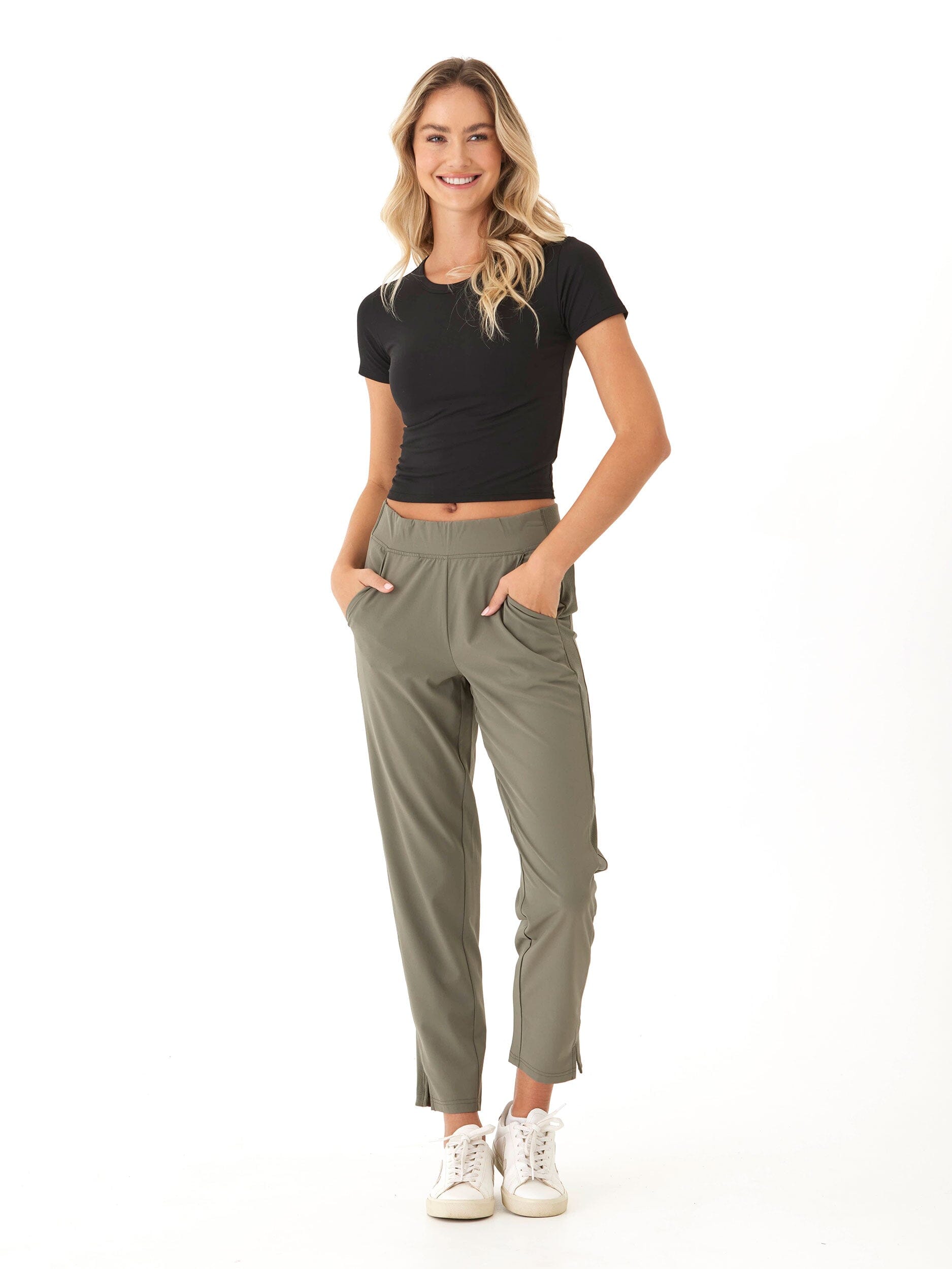 Leticia Performance Rib Mix Pant - High-Rise Ankle Tapered Olive