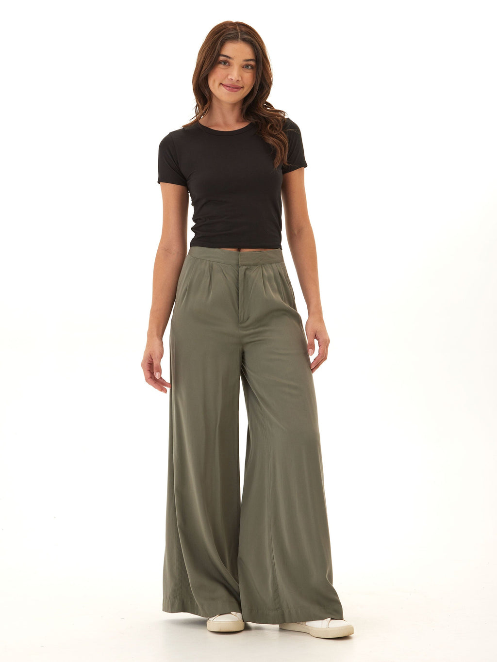 Samirah EcoVero Pleated Wide Leg Pants in Olive Green