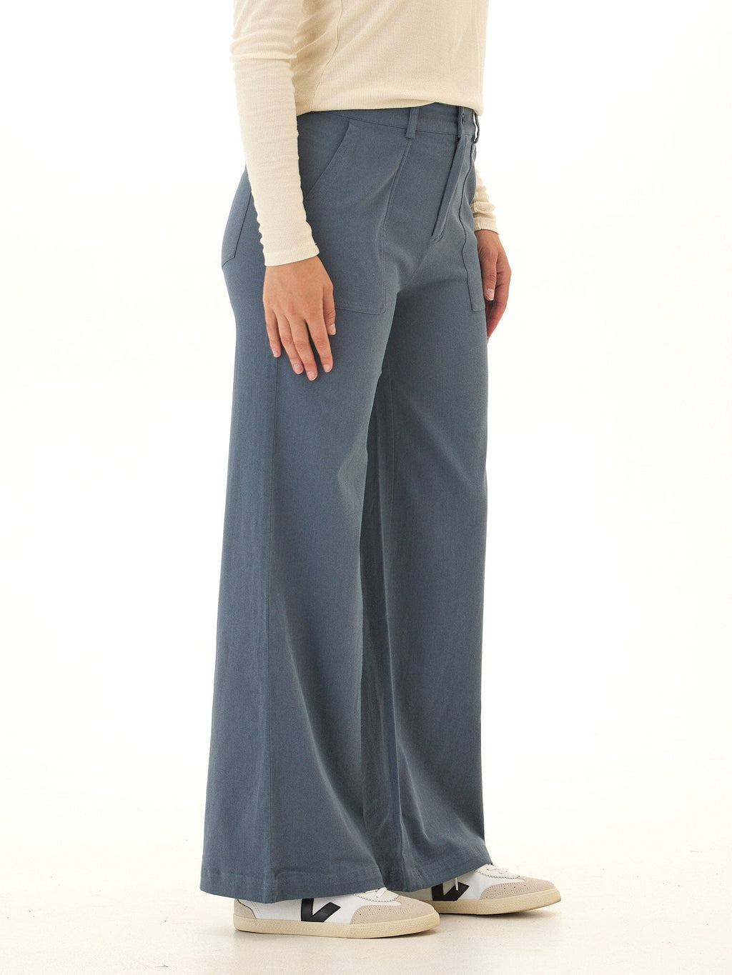 Pamela Stretch Twill Wide Leg Pant in Dusty Slate Blue