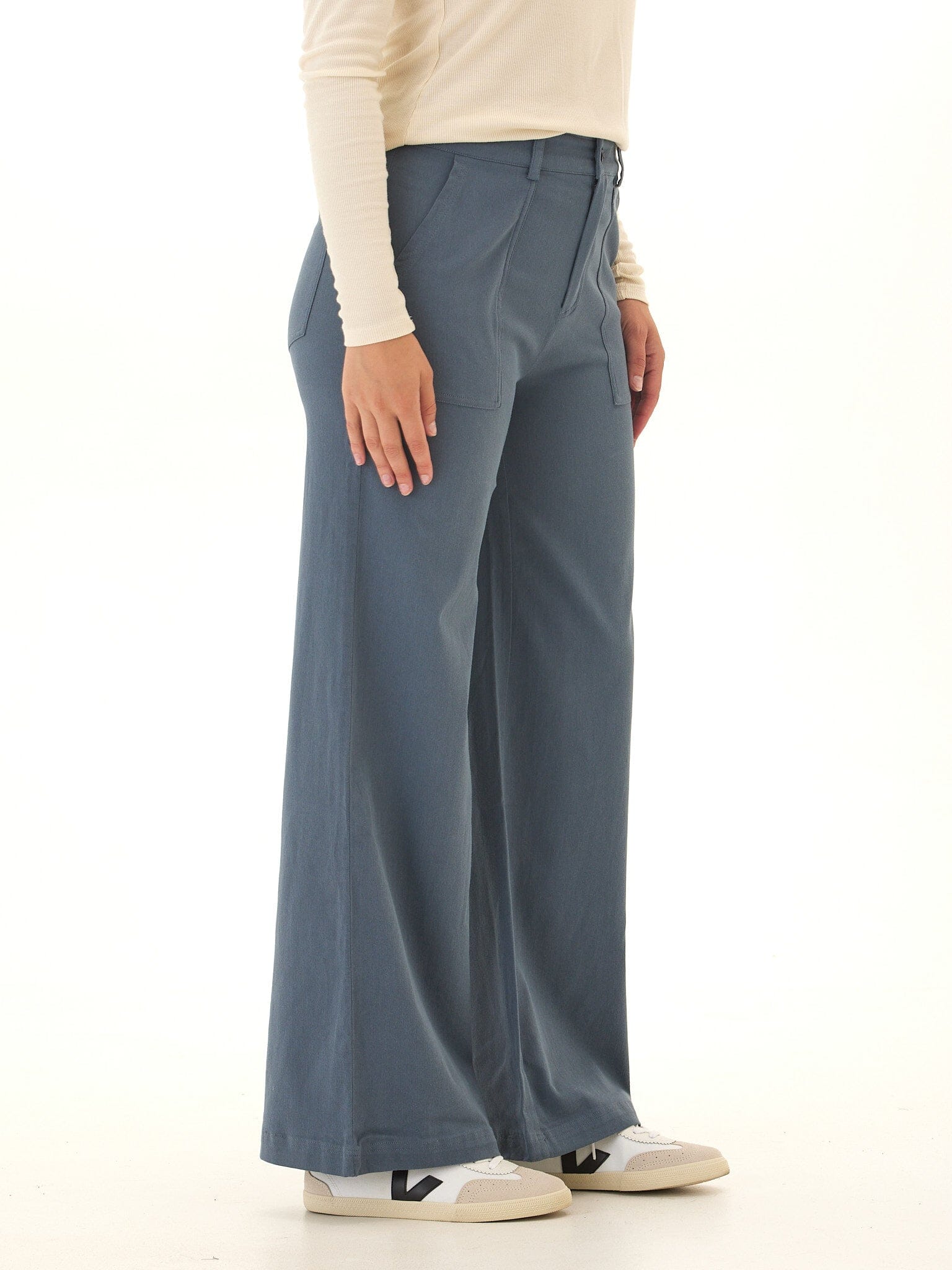 Pamela Stretch Twill Wide Leg Pant in Dusty Slate Blue