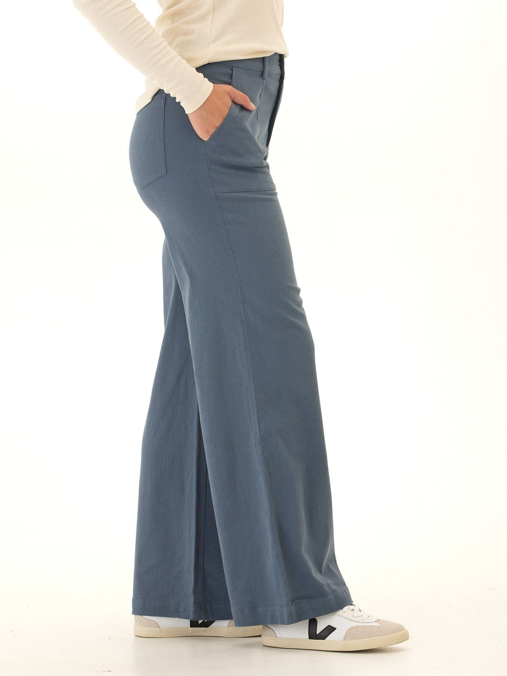 Pamela Stretch Twill Wide Leg Pant in Dusty Slate Blue