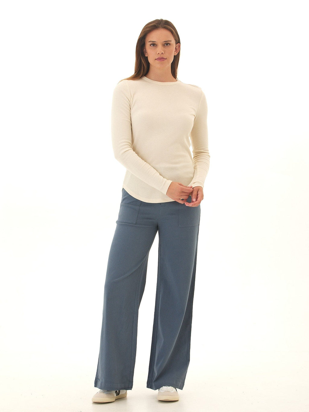 Pamela Stretch Twill Wide Leg Pant in Dusty Slate Blue