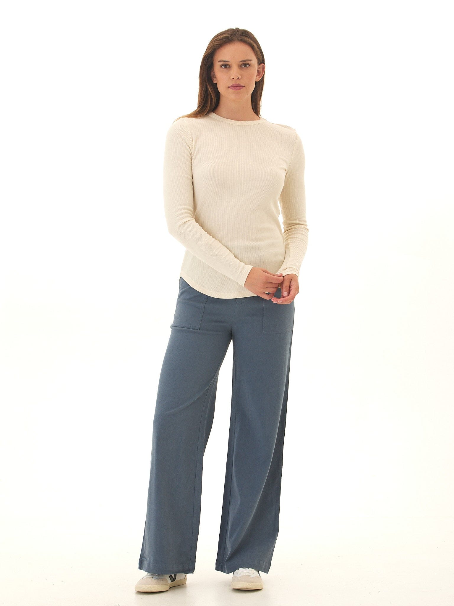 Pamela Stretch Twill Wide Leg Pant in Dusty Slate Blue
