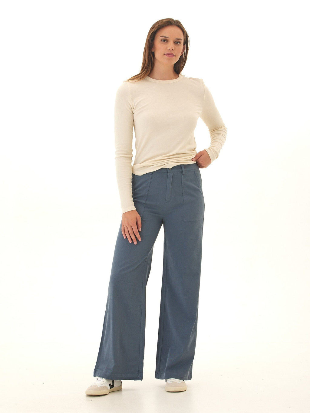 Pamela Stretch Twill Wide Leg Pant in Dusty Slate Blue