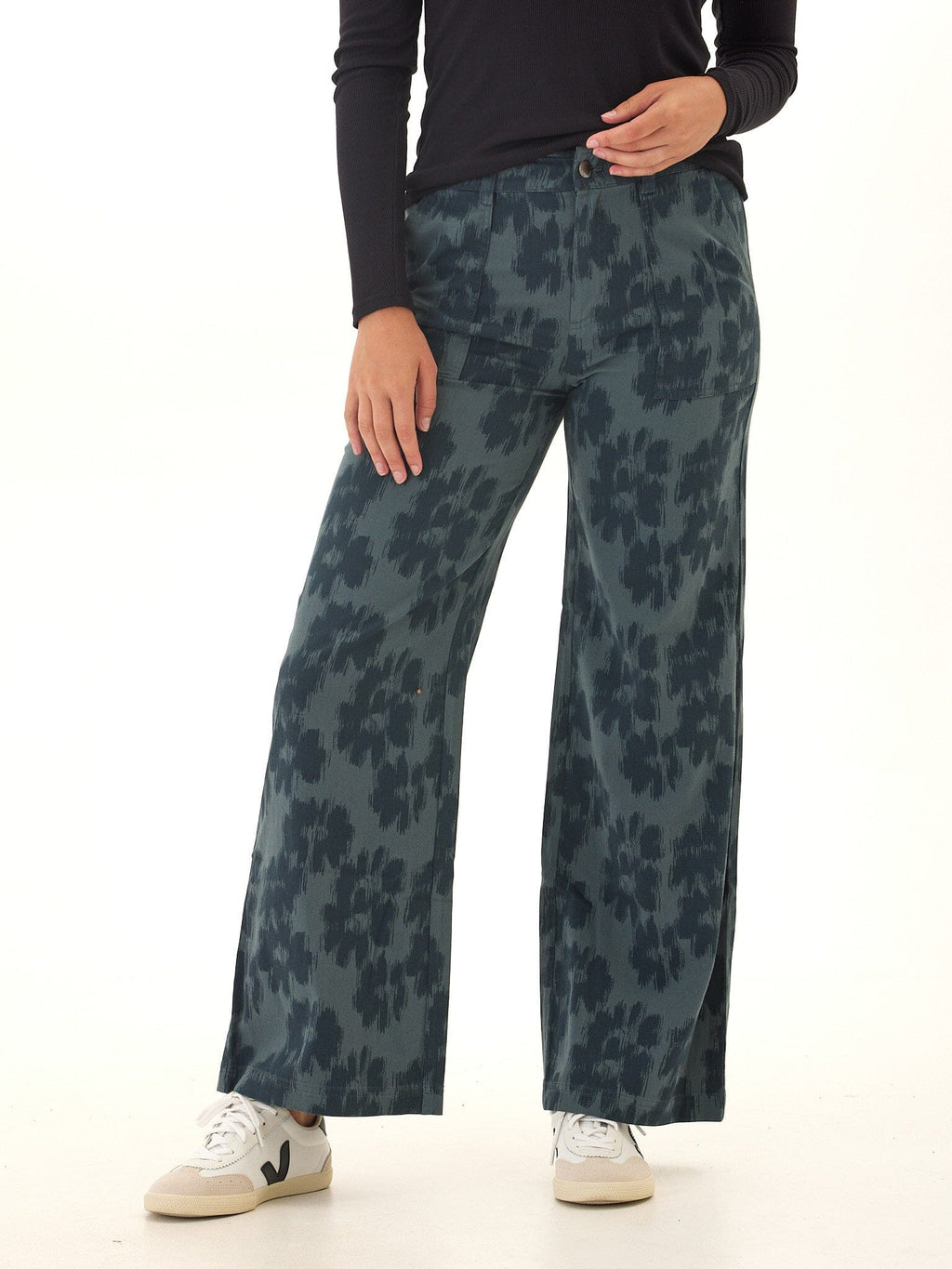 Model wearing Pamela stretch twill wide leg pants in a classic tailored fit.