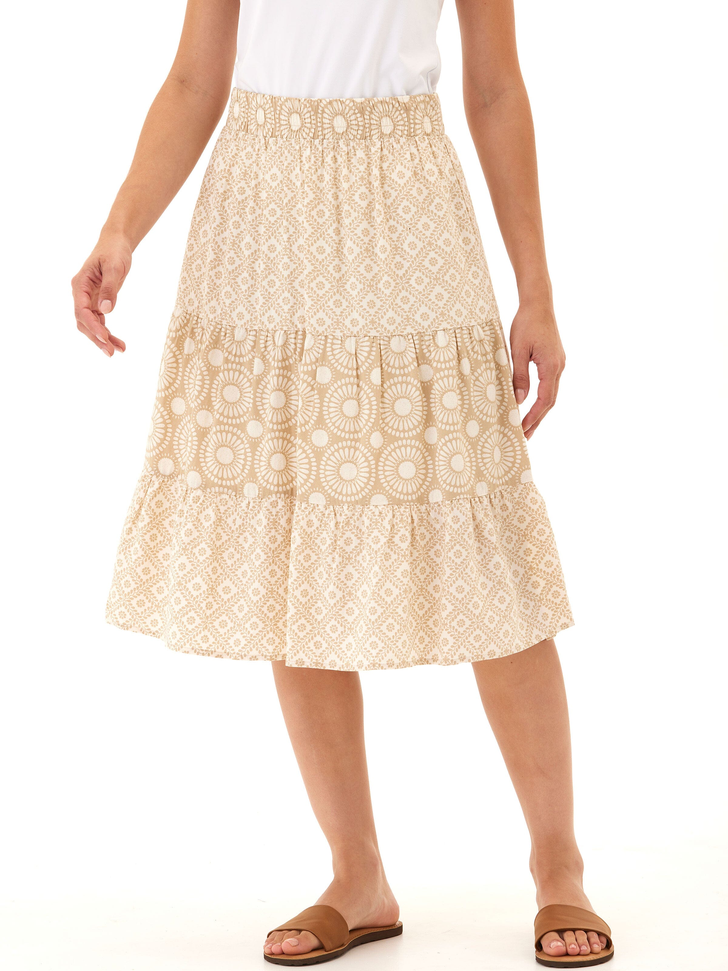 Kathleen Printed Woven Midi Skirt featuring a tiered flowy silhouette and elastic waistband