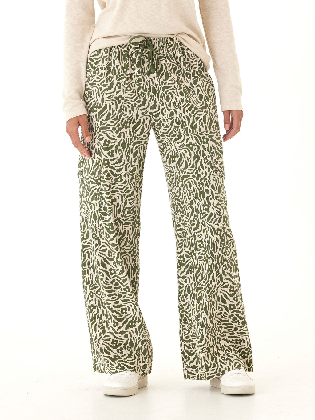 Eila Floral Print Stretch Twill Wide Leg Cargo Pant - Olive/Cream
