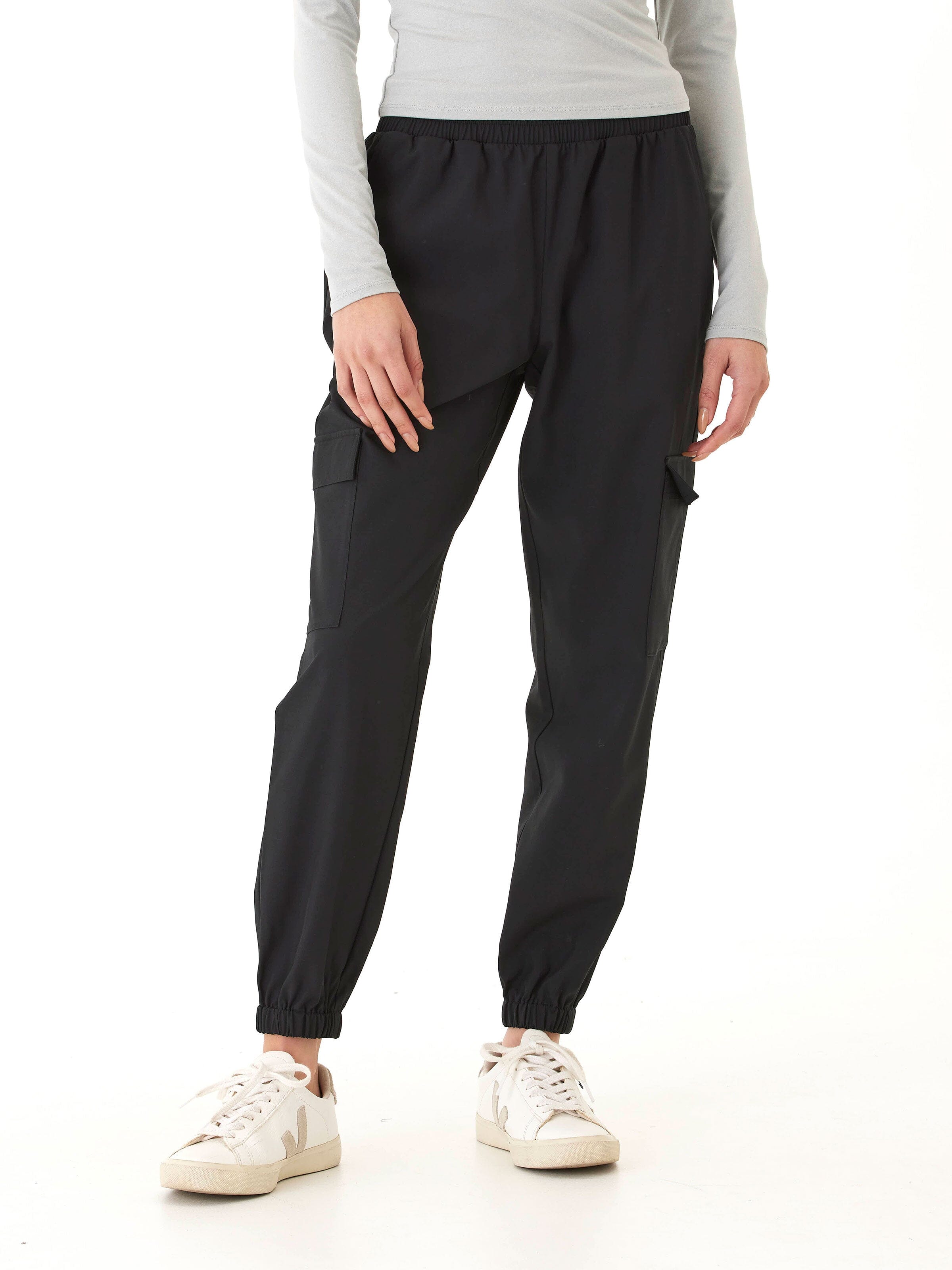Sallie Essential Eco Woven Jogger in utility style with cargo pockets and elastic cuffs