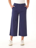 Close-up view of the Pamela wide leg crop pants in navy-blue fabric.