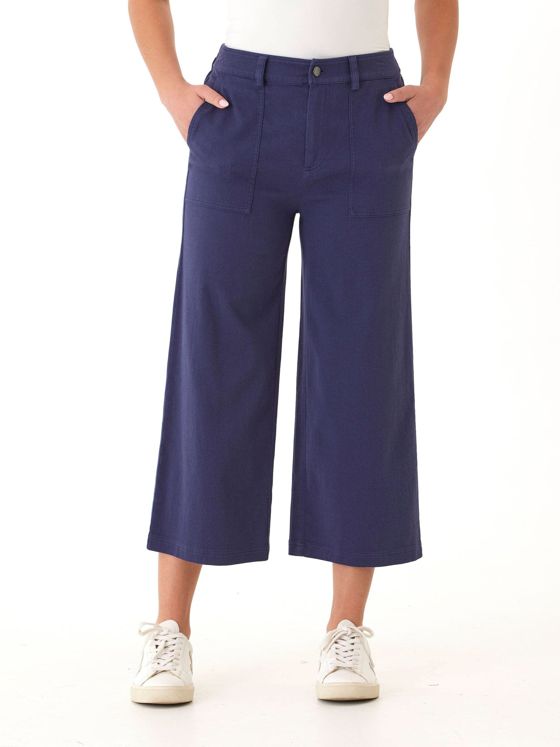 Close-up view of the Pamela wide leg crop pants in navy-blue fabric.