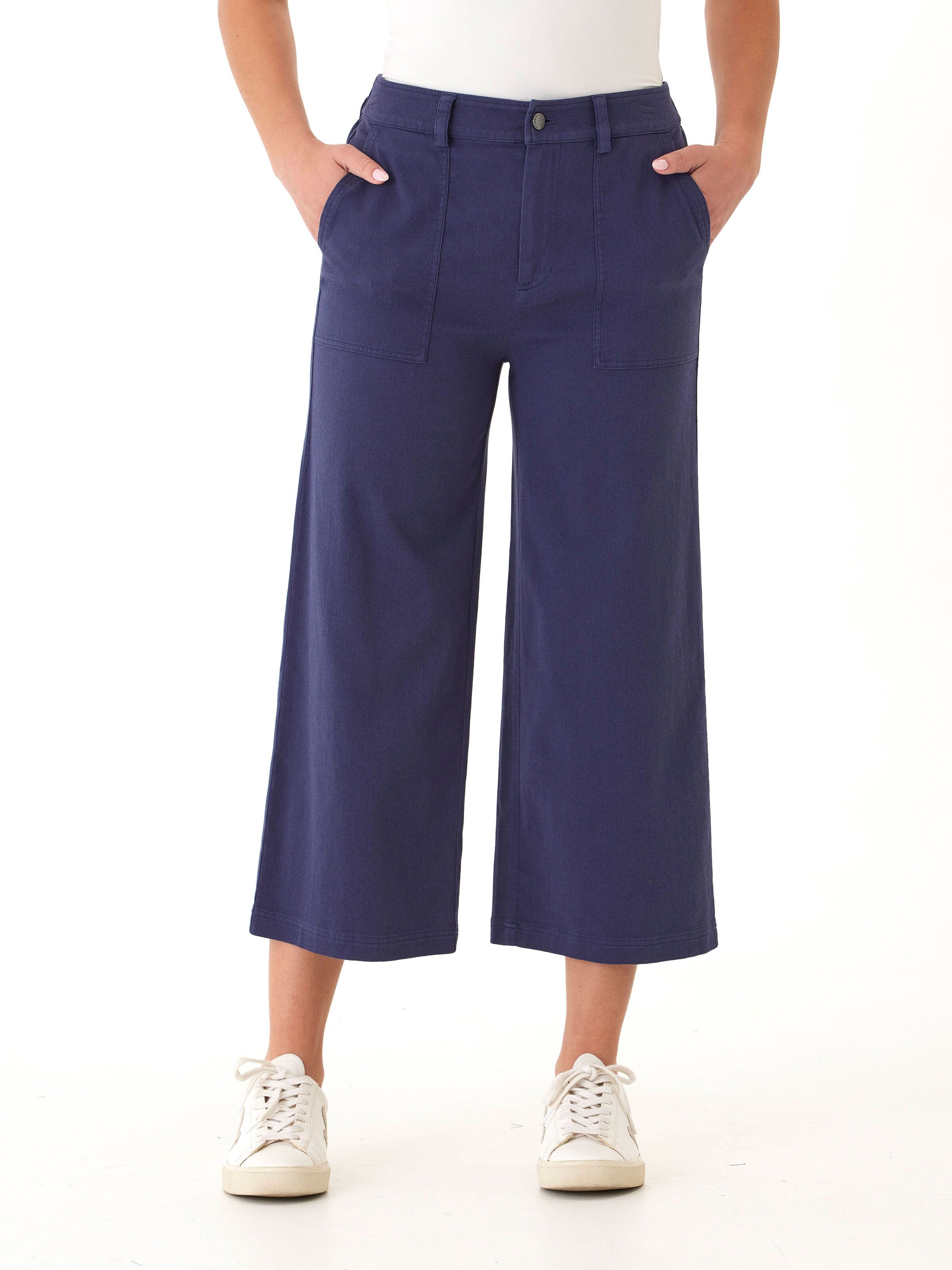 Close-up view of the Pamela wide leg crop pants in navy-blue fabric.