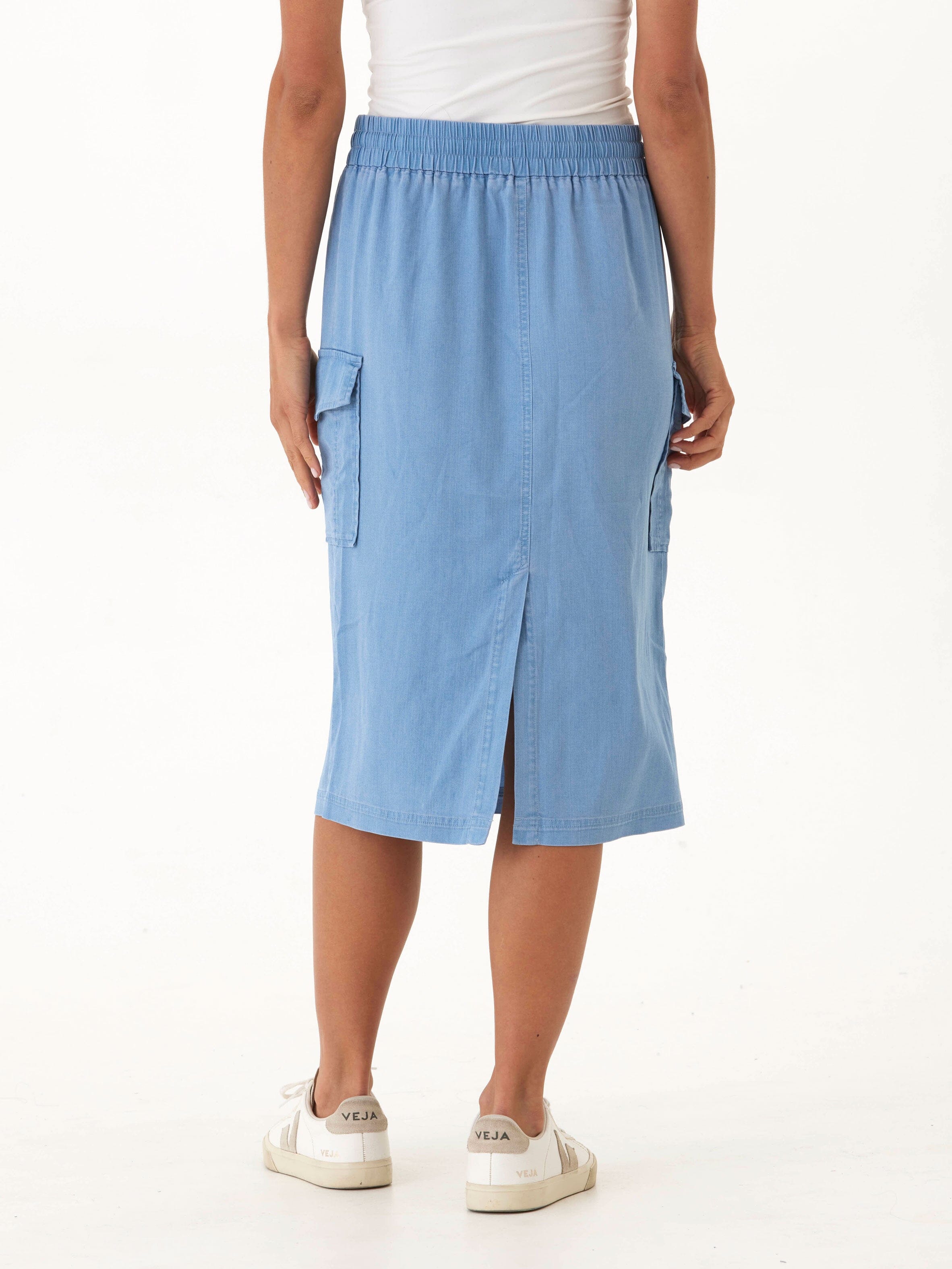 Stretch Chambray Cargo Midi Skirt in Light Blue