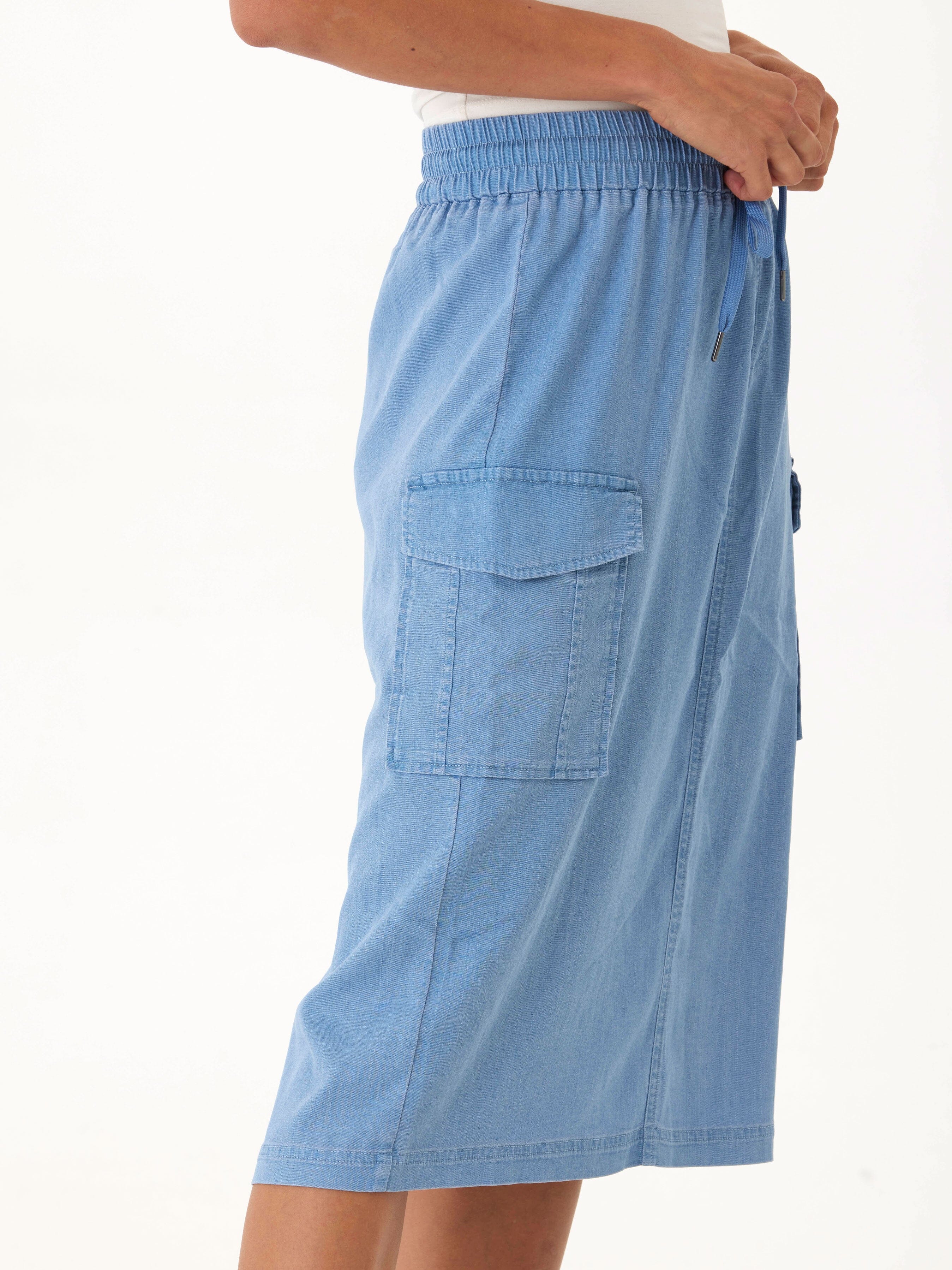 Stretch Chambray Cargo Midi Skirt in Light Blue
