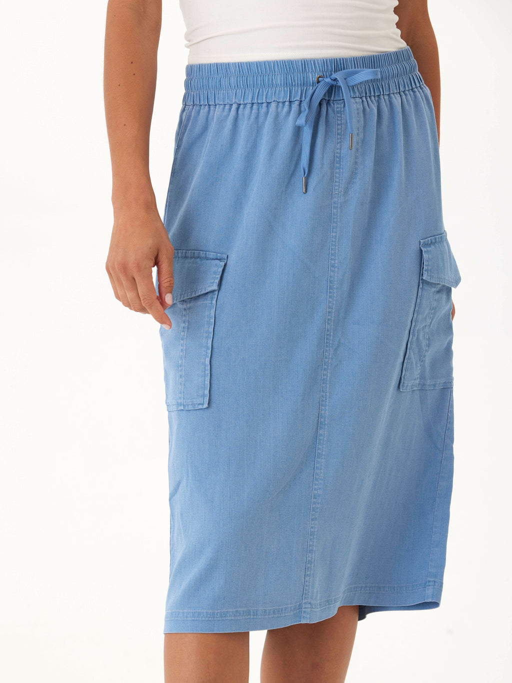 Stretch Chambray Cargo Midi Skirt in Light Blue