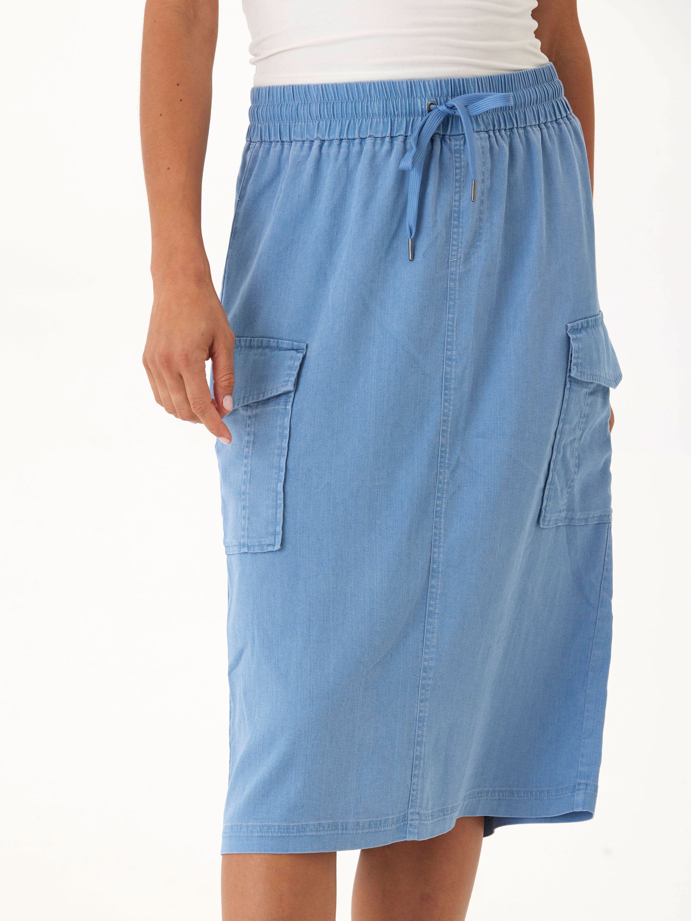 Stretch Chambray Cargo Midi Skirt in Light Blue