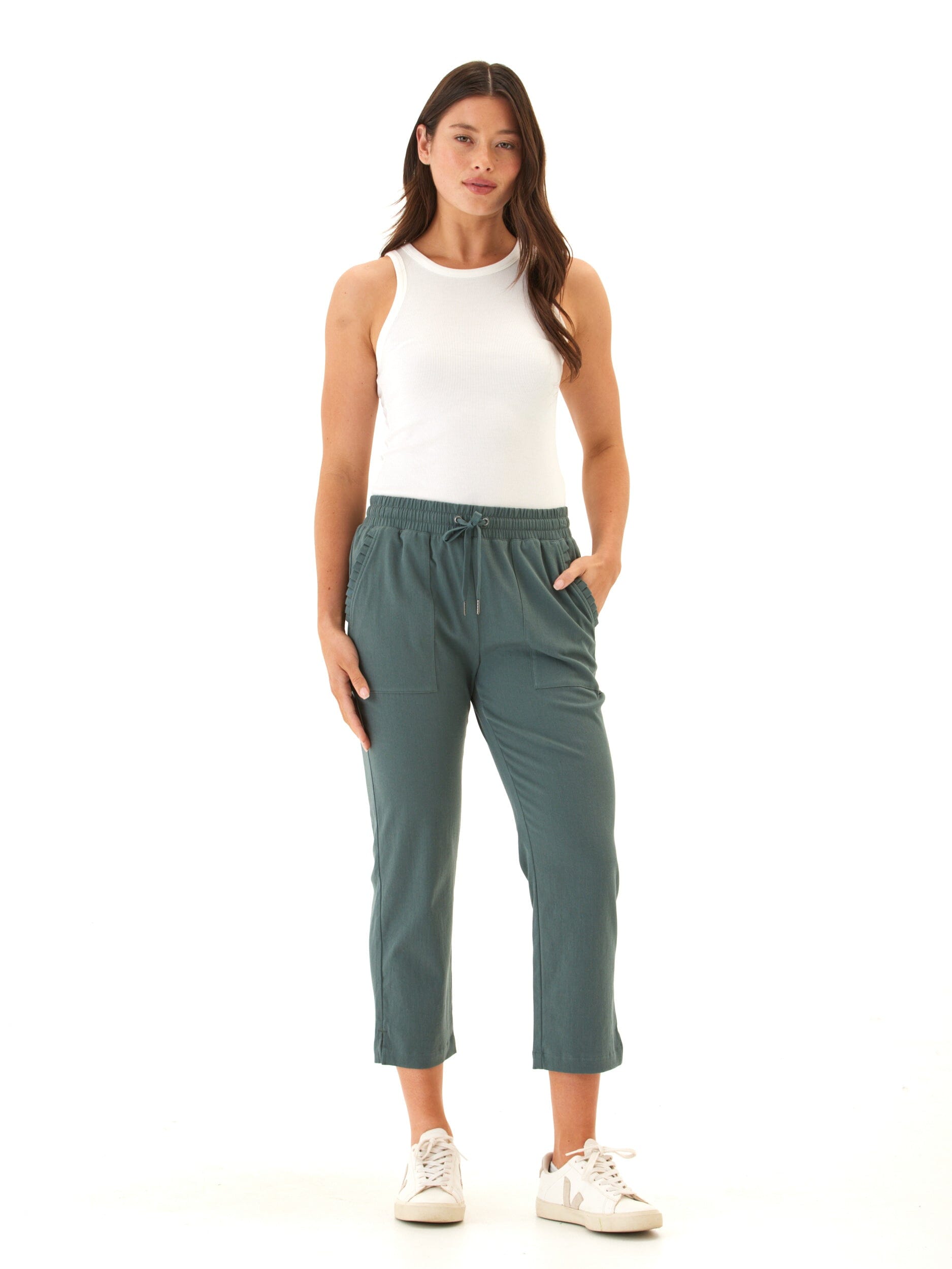 Women's Stretch Twill Capri Pants with Drawcord in Teal Green