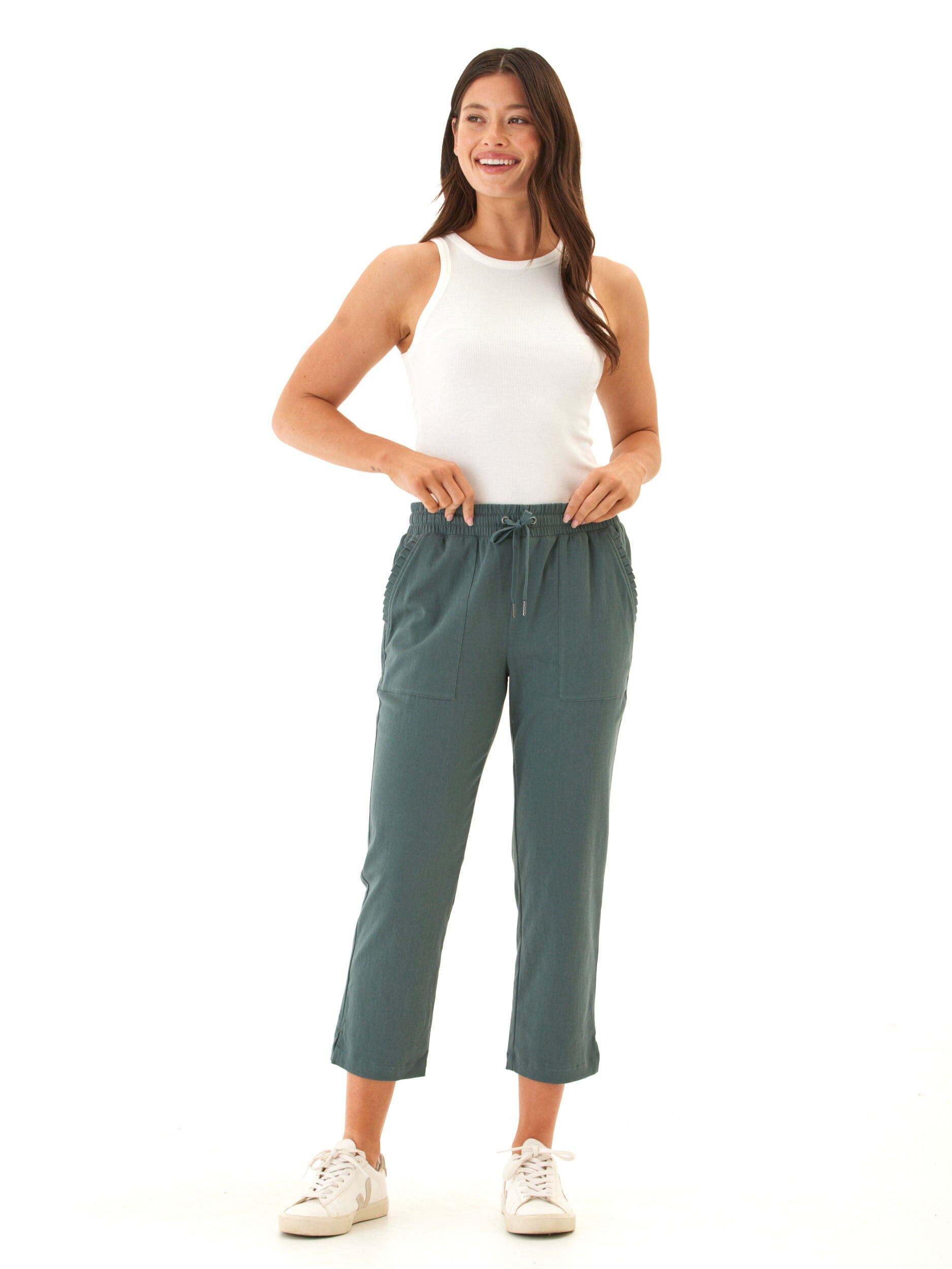 Women's Stretch Twill Capri Pants with Drawcord in Teal Green