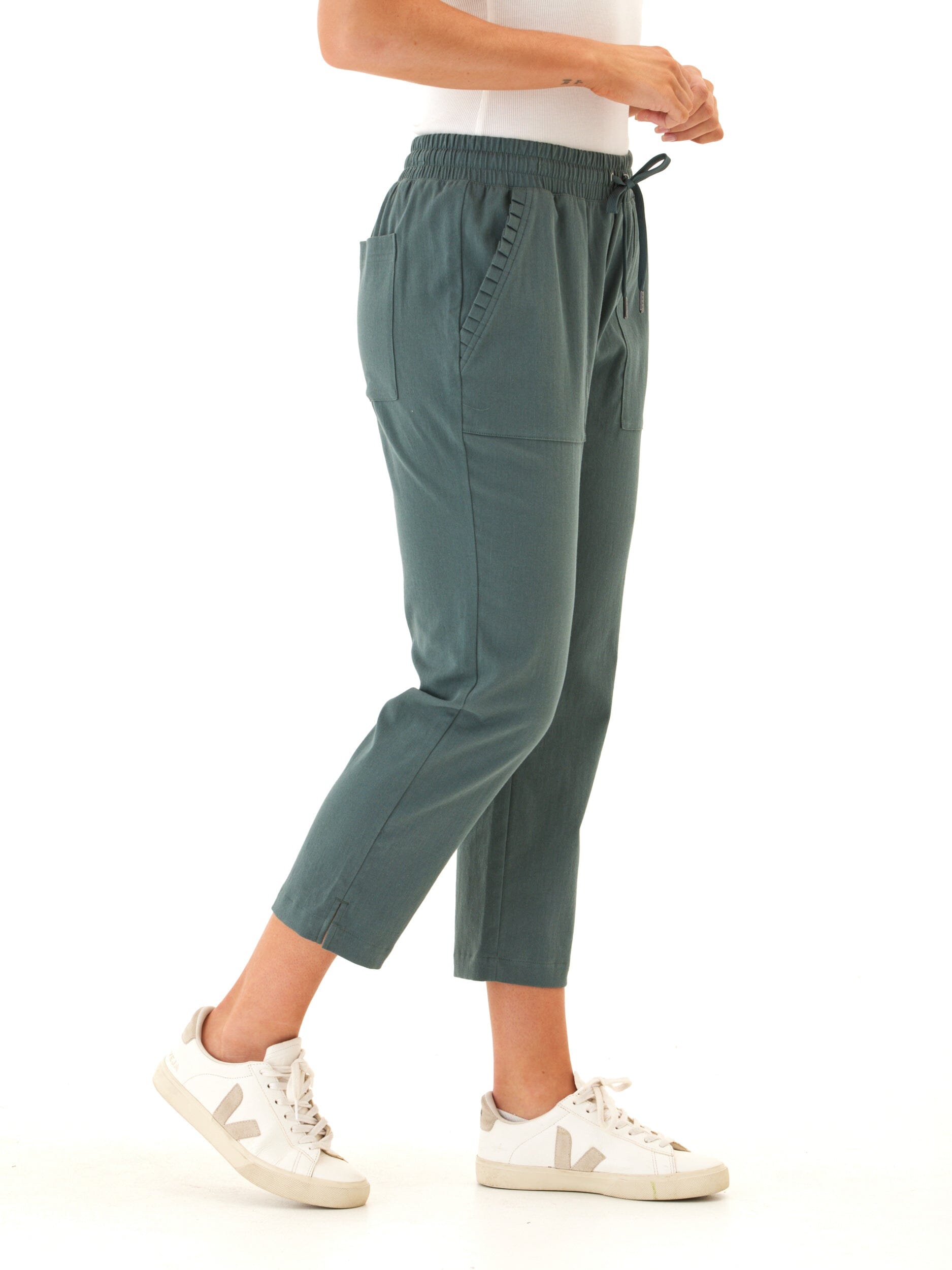 Women's Stretch Twill Capri Pants with Drawcord in Teal Green