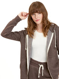 Women's brown and white zip-up hoodie made from lightweight triblend fleece.