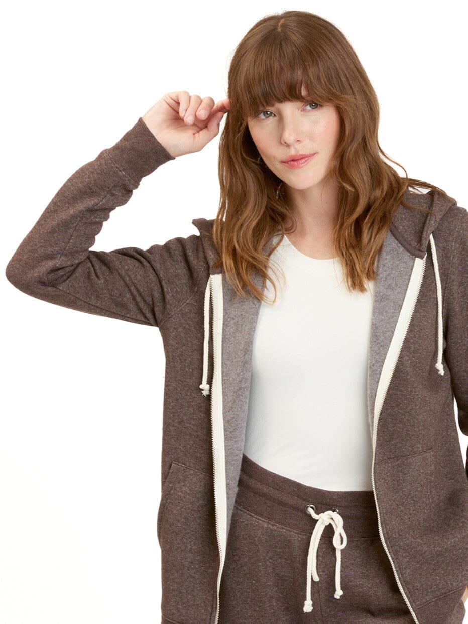 Women's brown and white zip-up hoodie made from lightweight triblend fleece.