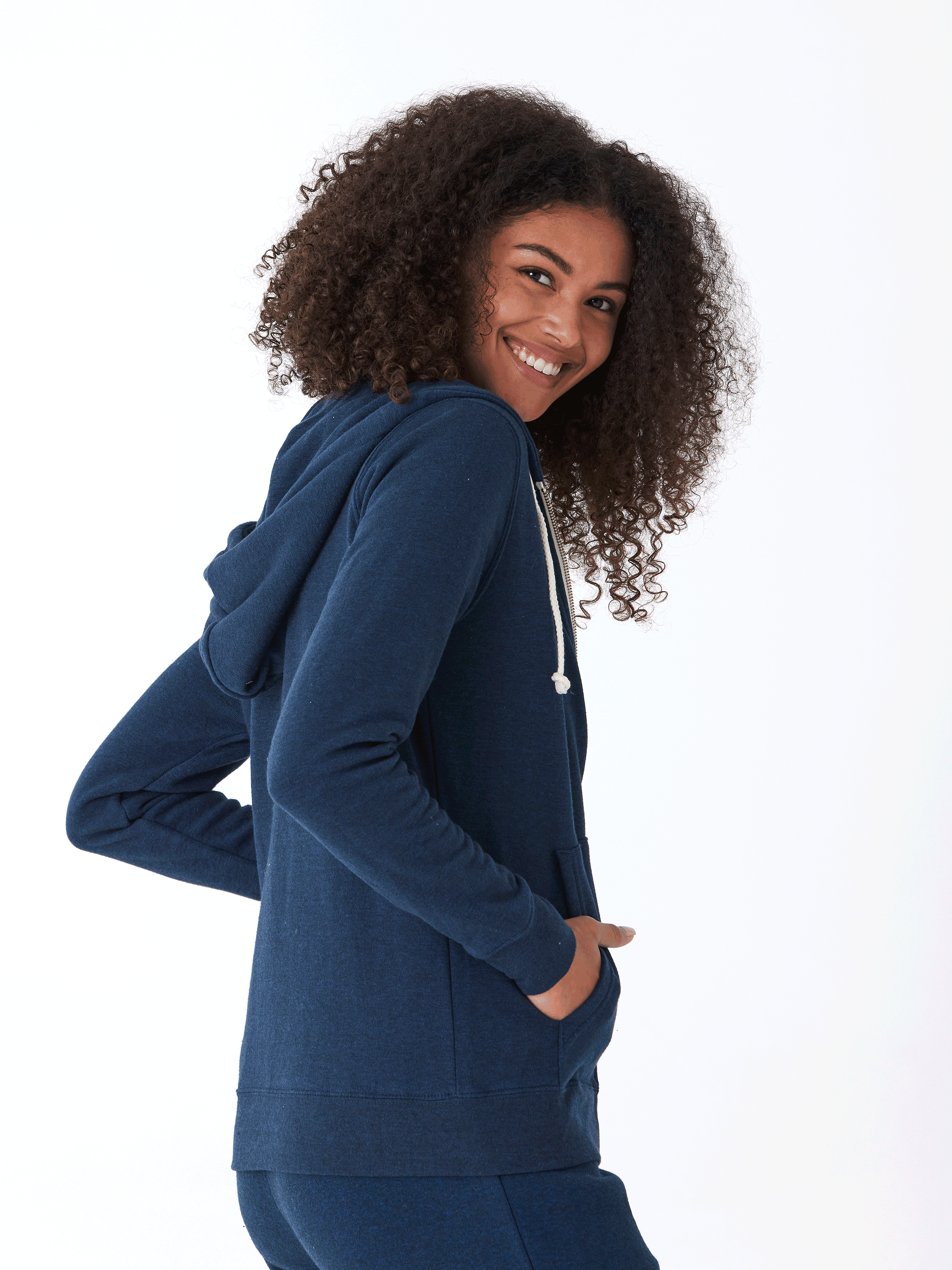 Unisex Core Triblend Fleece Zip Hoodie in Navy Blue and White