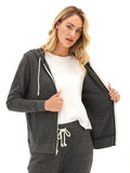 Women's Core Triblend Fleece Classic Zip Hoodie in charcoal grey with white drawstring and zipper.