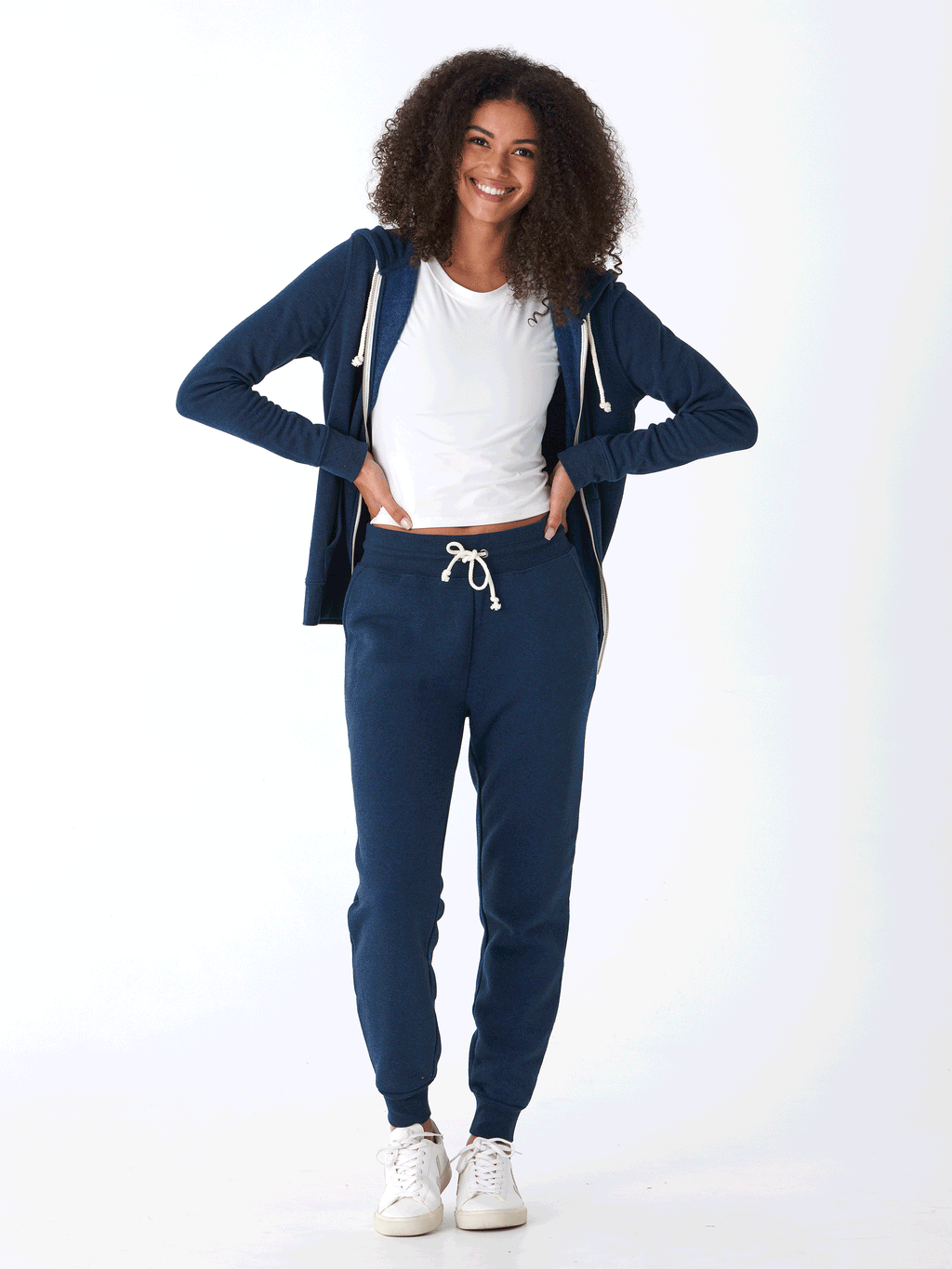 Unisex Core Triblend Fleece Zip Hoodie in Navy Blue and White