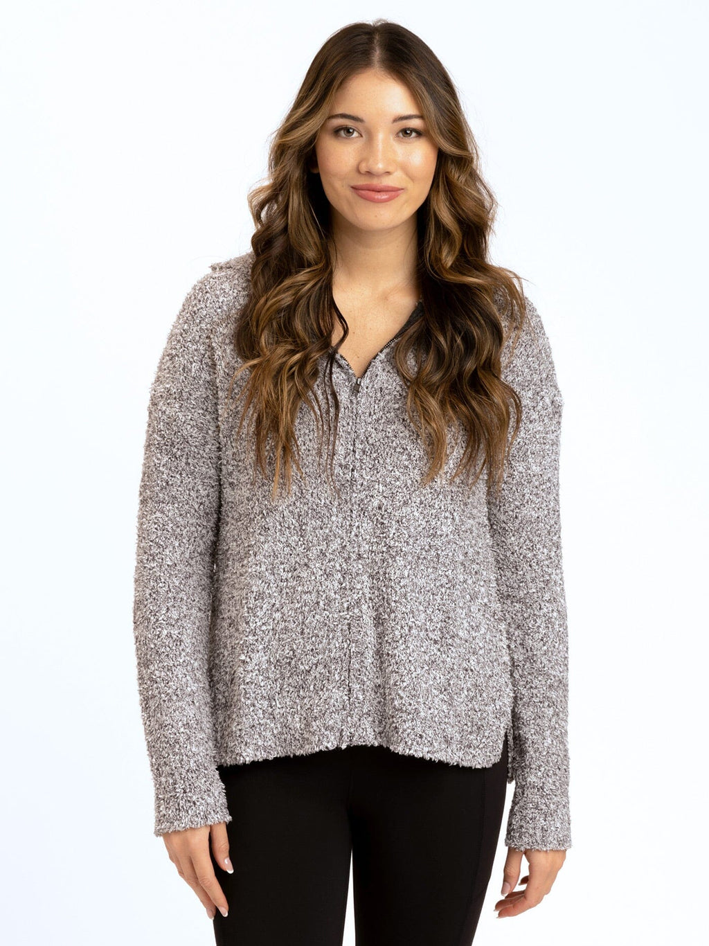 Cozy grey and white boucle knit full-zip sweater hoodie