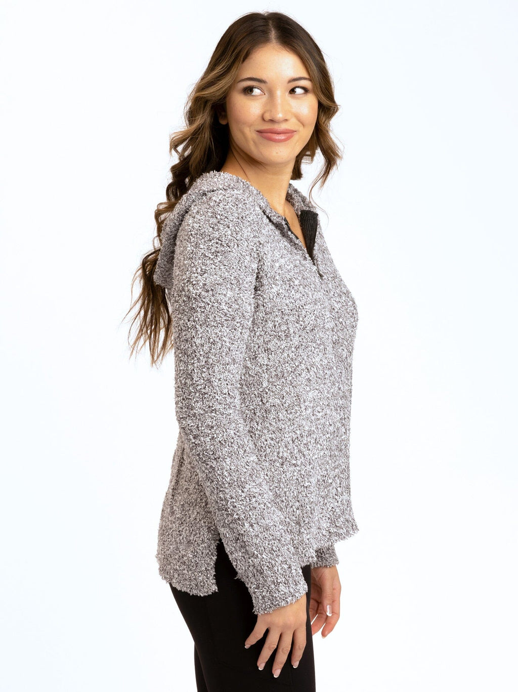 Anita Cozy Boucle Full Zip Sweater Hoodie in Grey and White