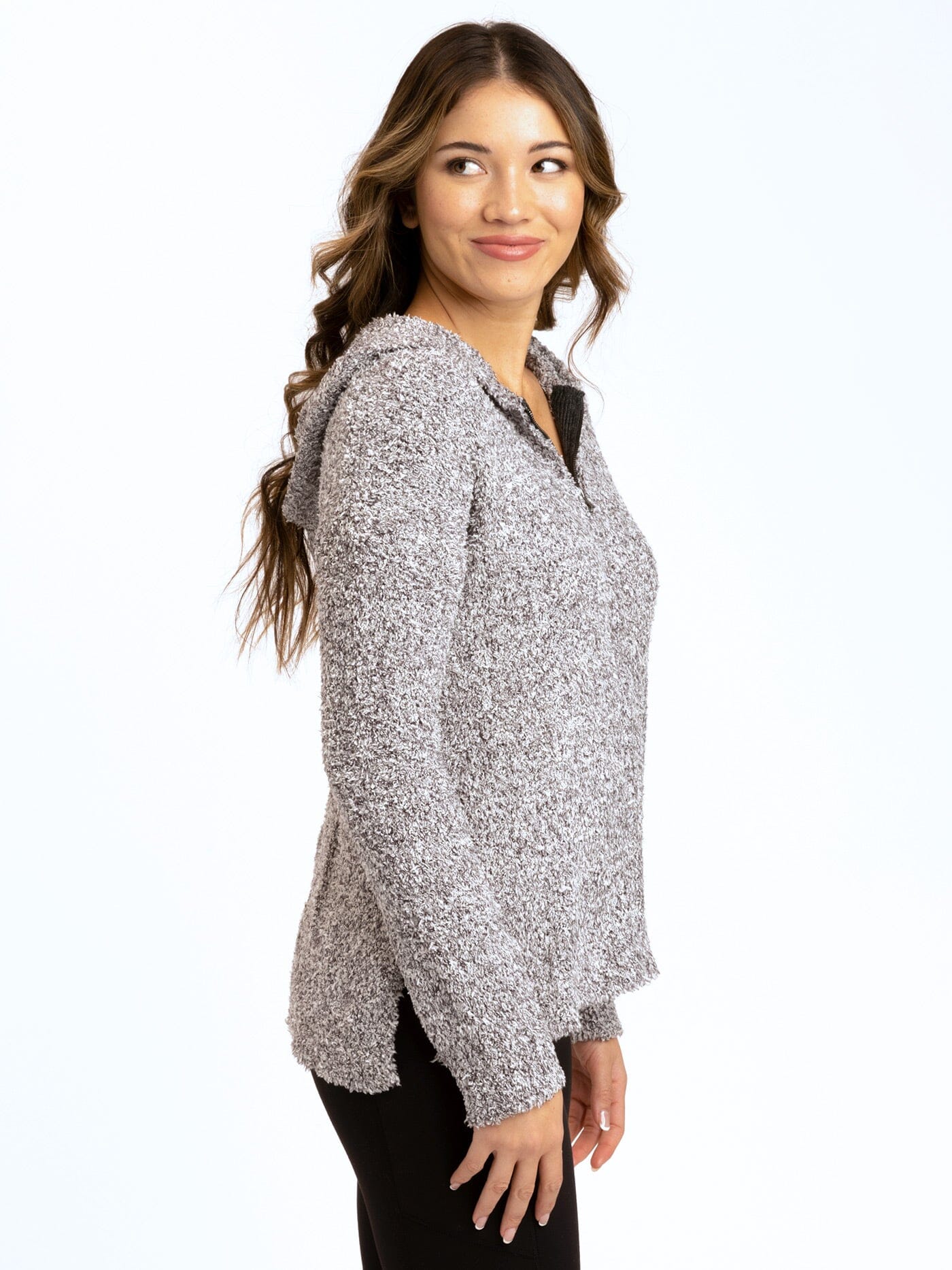 Anita Cozy Boucle Full Zip Sweater Hoodie in Grey and White