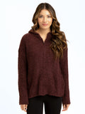 Close up of Anita Cozy Boucle Full Zip Sweater Hoodie in deep burgundy knit fabric