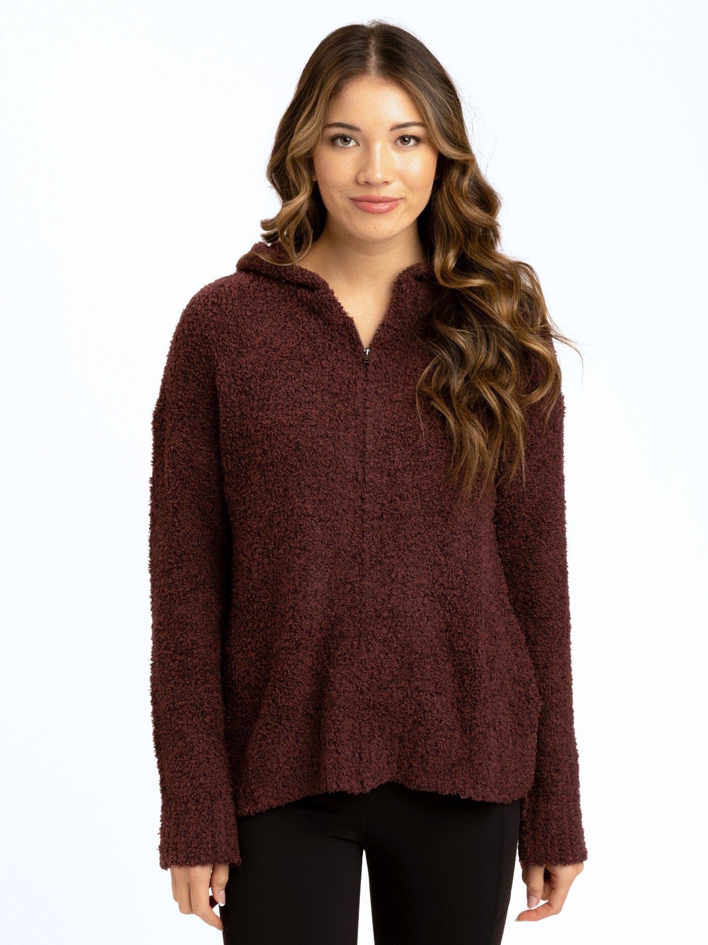 Close up of Anita Cozy Boucle Full Zip Sweater Hoodie in deep burgundy knit fabric