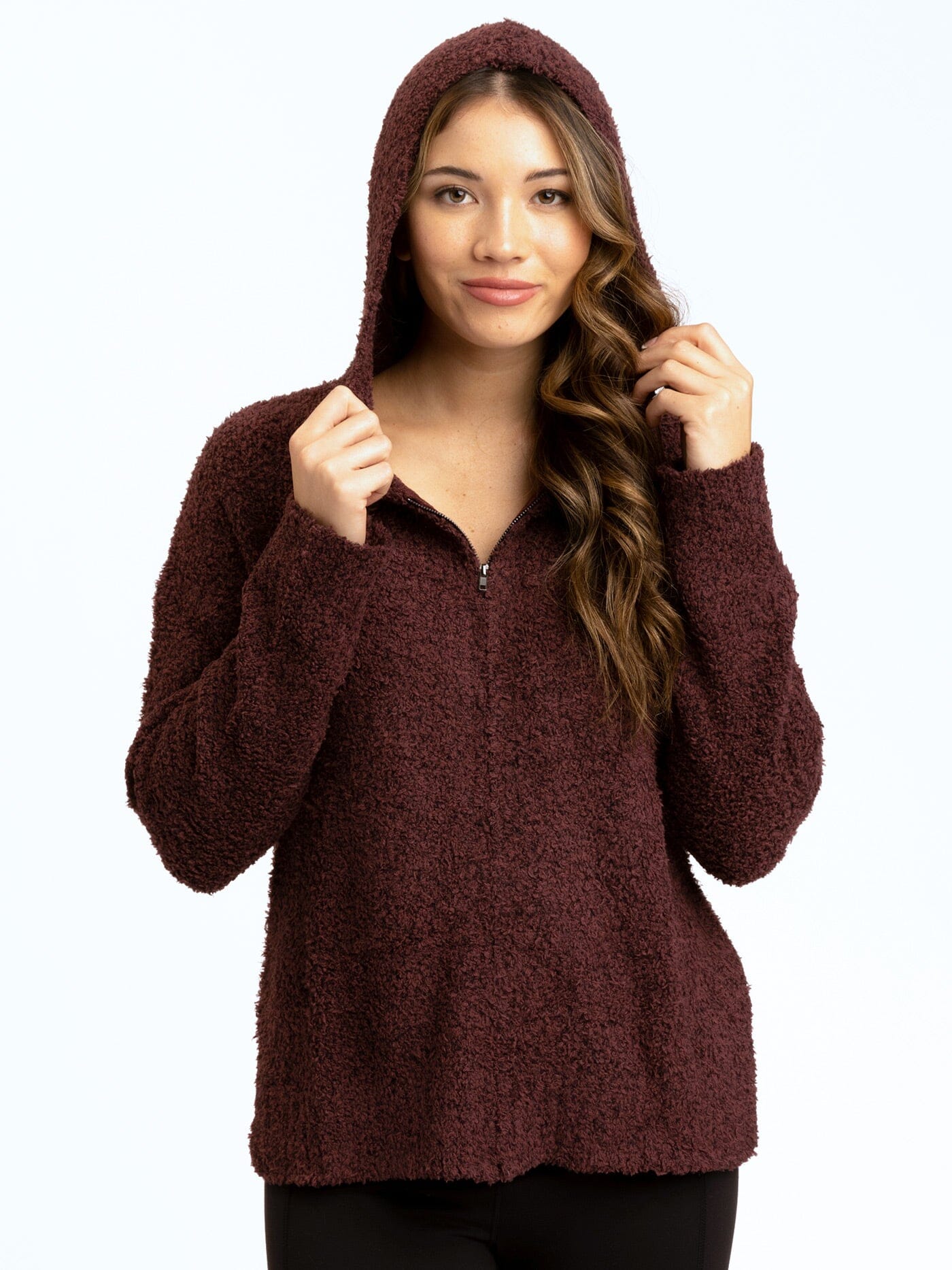 Anita Cozy Boucle Knit Sweater Hoodie in Burgundy & Maroon