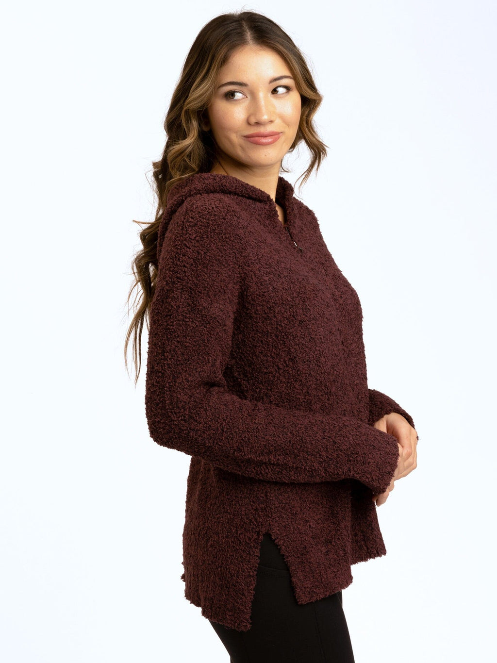 Anita Cozy Boucle Knit Sweater Hoodie in Burgundy & Maroon