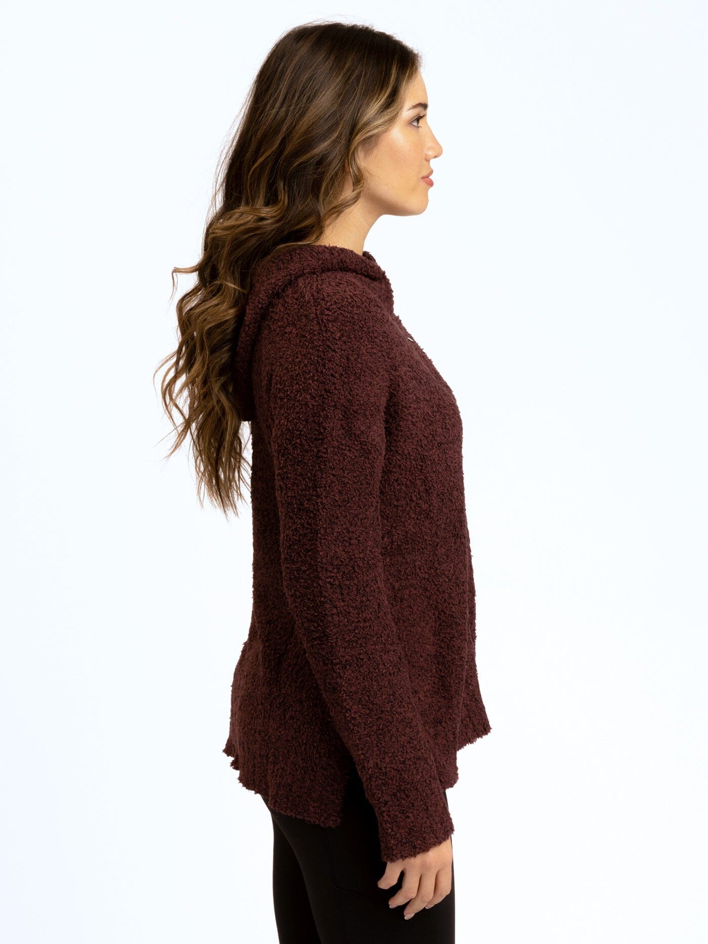 Anita Cozy Boucle Knit Sweater Hoodie in Burgundy & Maroon
