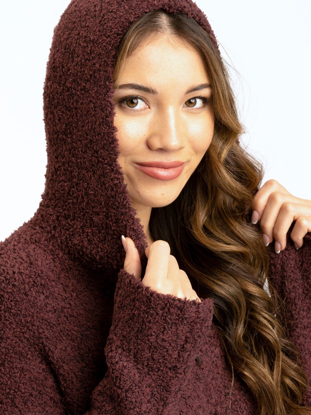 Anita Cozy Boucle Knit Sweater Hoodie in Burgundy & Maroon
