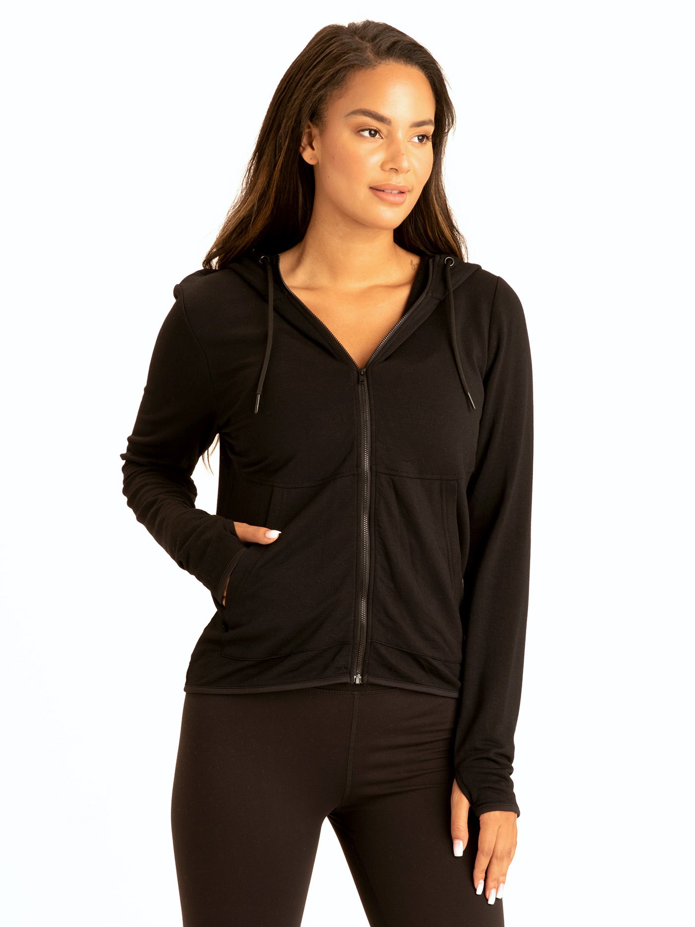 Sybil FeatherLoop Athleisure Jacket: Minimalist Black Zip-Up