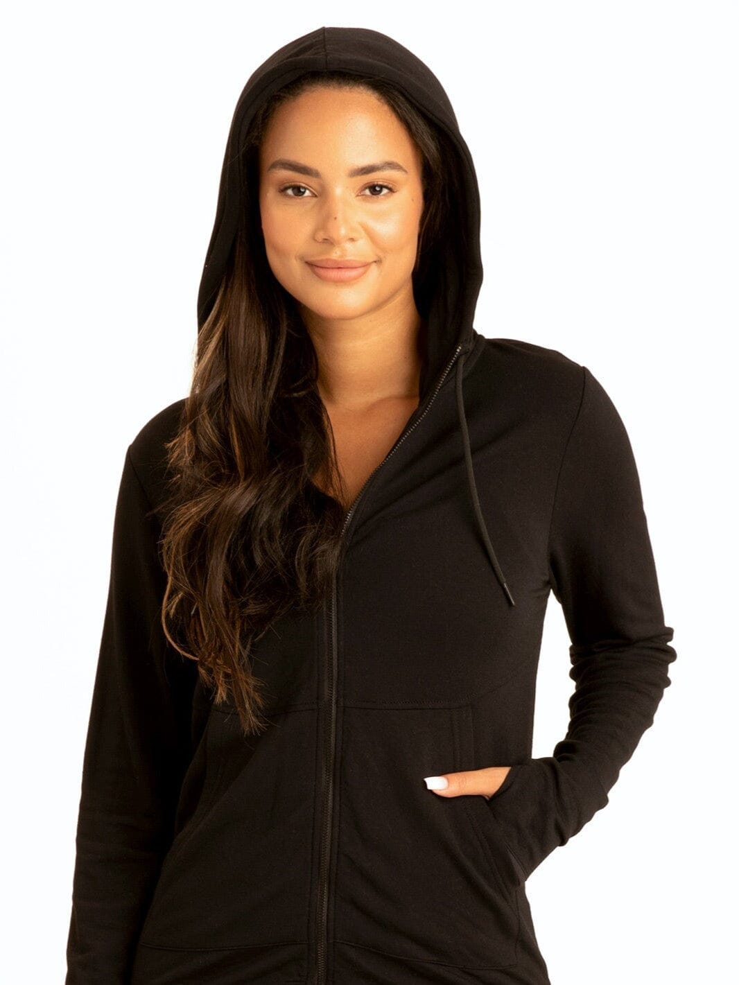 A sporty black Sybil FeatherLoop Athleisure Jacket with a zip-fly closure and thumb holes.