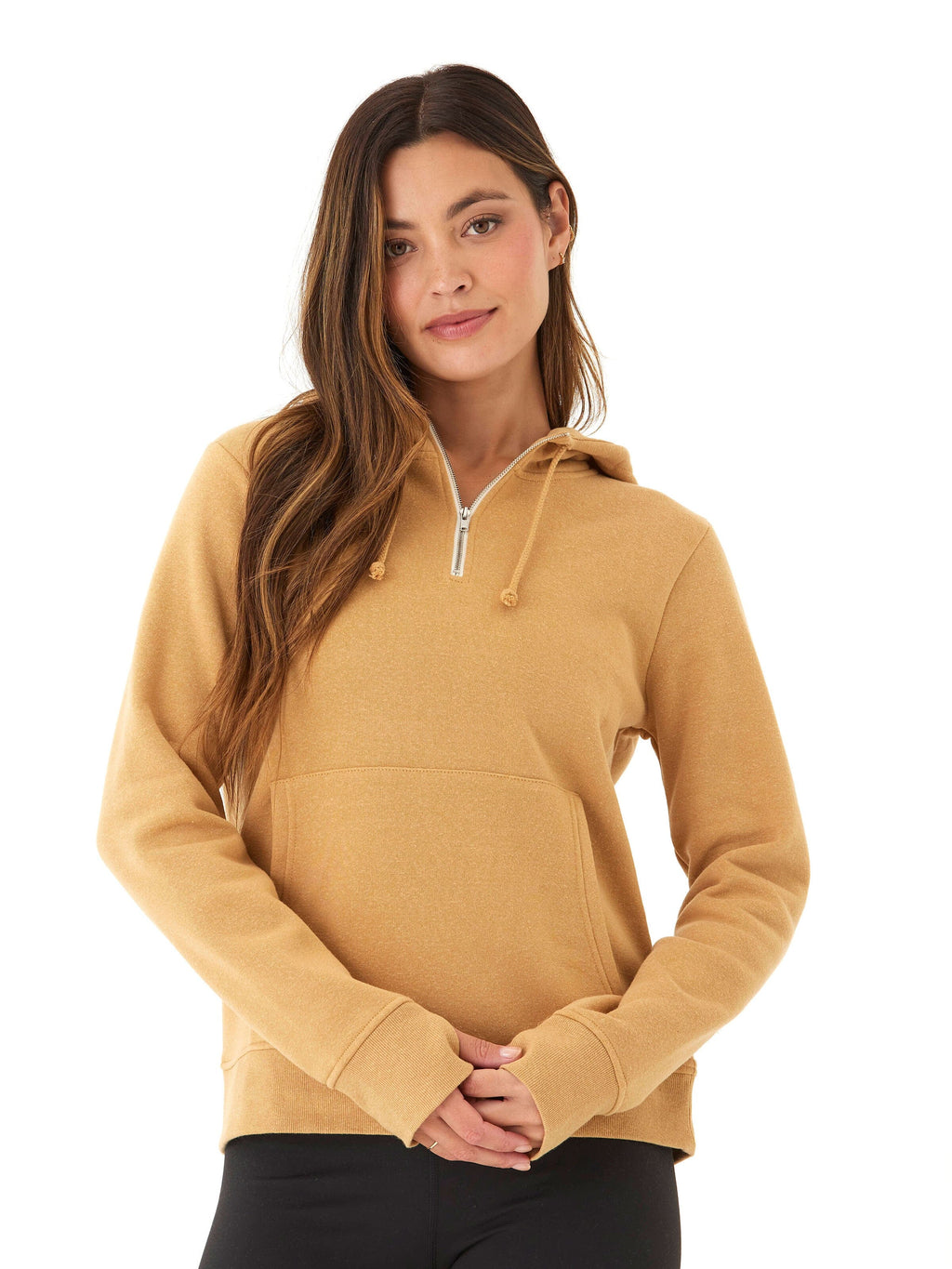 Close up of the Sinead 1/4 Zip Triblend Fleece Hoodie featuring zipper detail and thumbholes