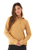 Close up of the Sinead 1/4 Zip Triblend Fleece Hoodie featuring zipper detail and thumbholes