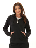Black Sinead 1/4-zip triblend fleece hoodie featuring a front pocket and thumbholes.