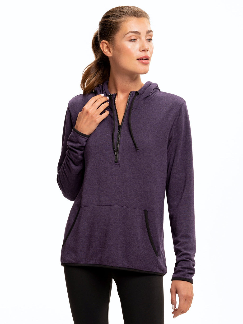 Kyanna FeatherLoop Half Zip Hoodie in purple and black with slim fit and pouch pocket