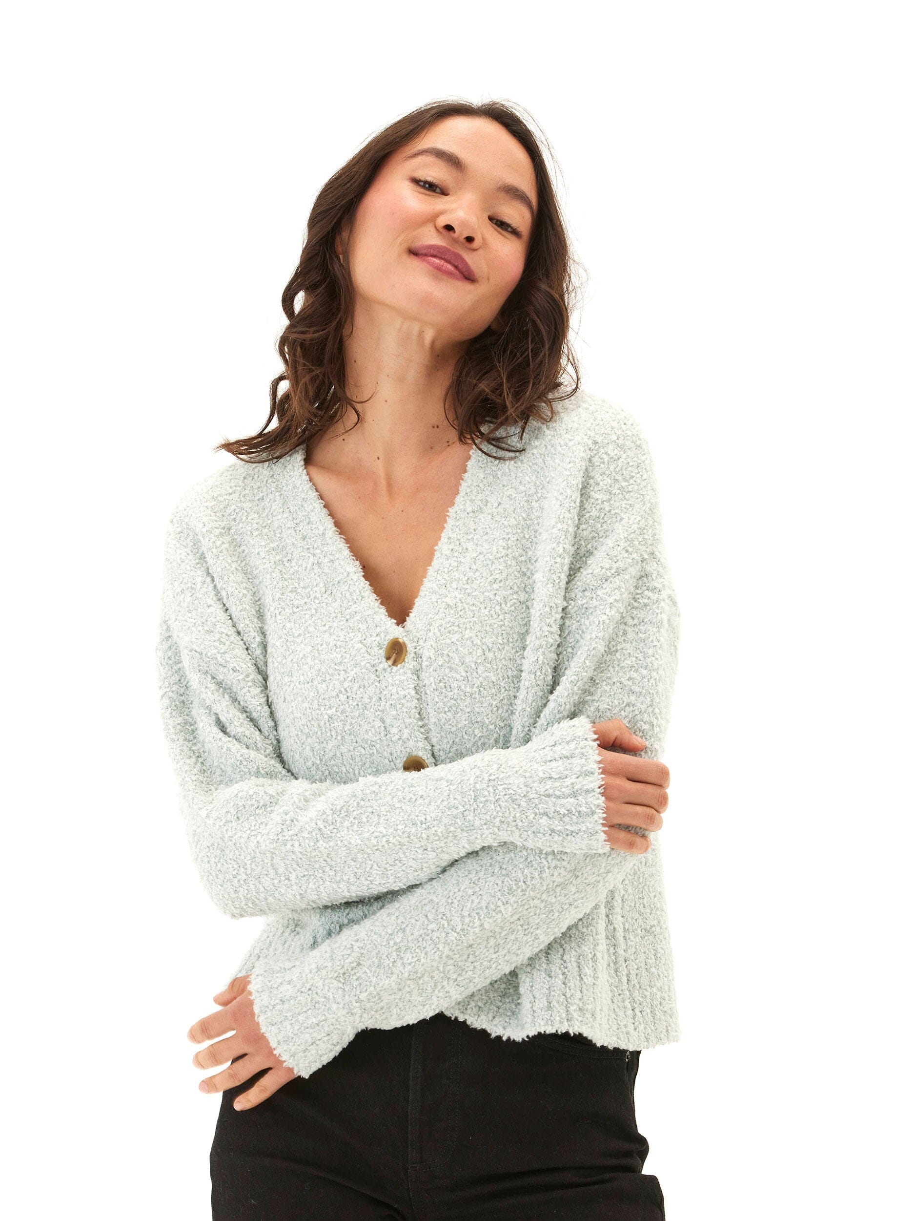 Noelani Boucle Cardigan - Relaxed Fit Knit V-Neck Button Front