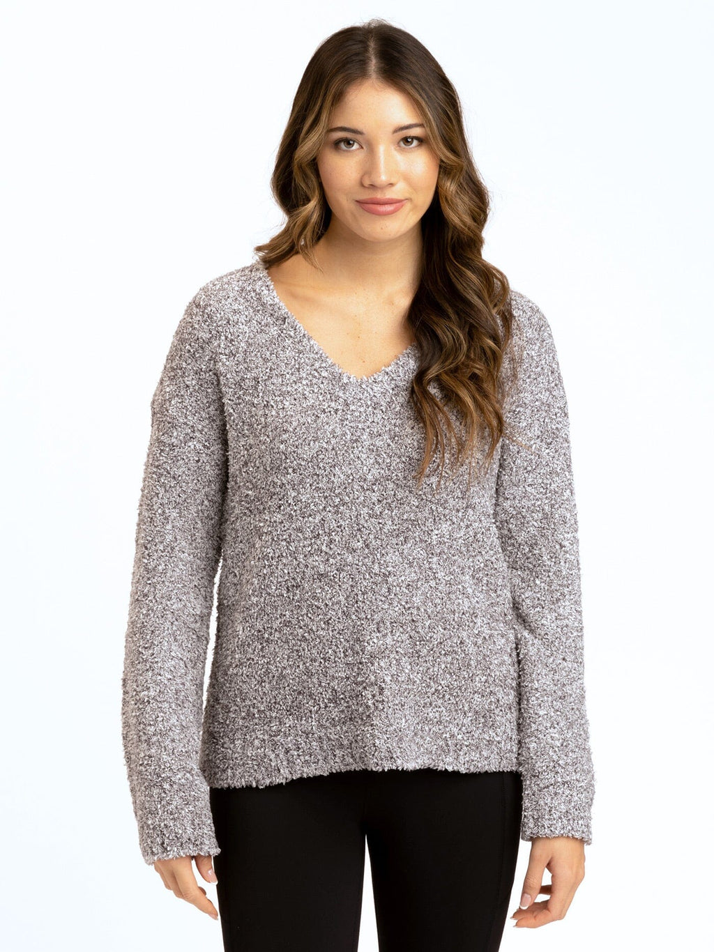 Woman wearing grey Aberdeen V-neck boucle sweater knit pullover.