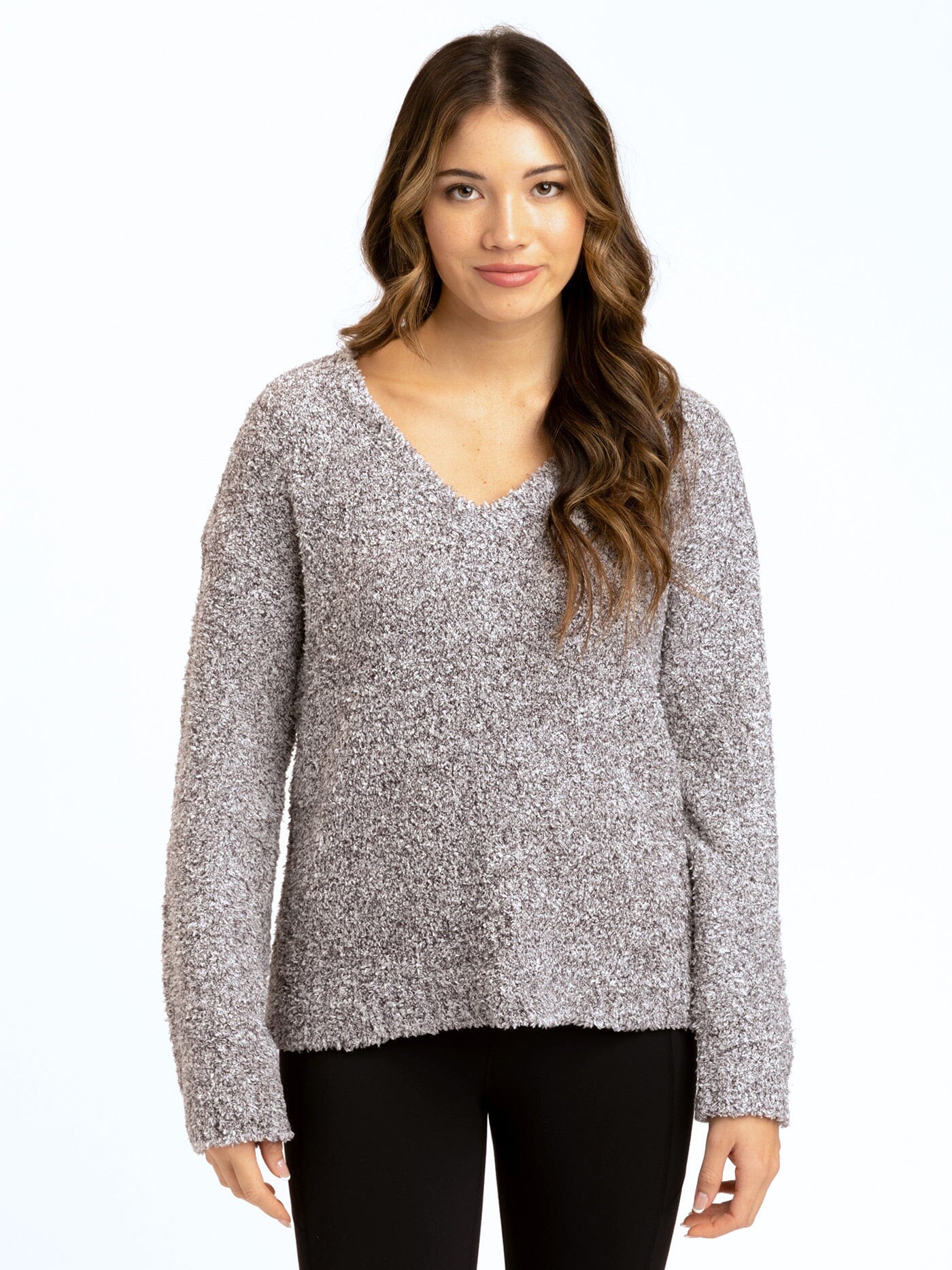 Woman wearing grey Aberdeen V-neck boucle sweater knit pullover.